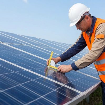 A professional technician with a handheld meter precisely measures the sun's angle and irradiance on a solar carport array.